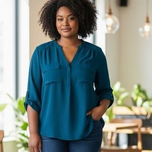 Torrid Harper Teal Roll Tab Sleeve Blouse Size 2